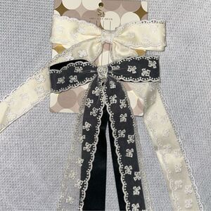 SJ Ivory White Black Ivory Satin Floral Lace Bow Tie Clips Set of 2
